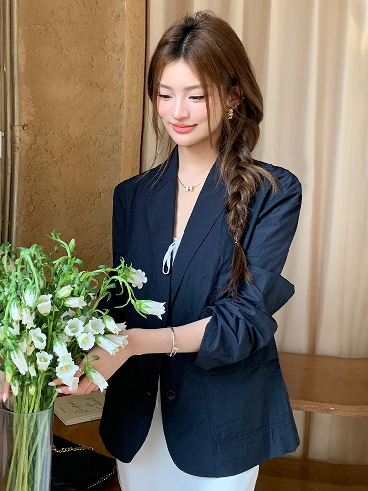 Korean Style Loose Casual Women Suit Jacket Fashion Dark Blue Thin Sun Protection Blazer 2026 Autumn New Outerwear Daily Wear