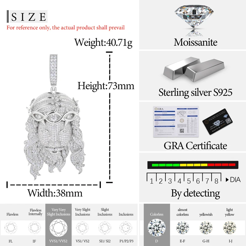 TUHE Unisex High Quality D VVS Moissanite Iced Out Pendants Jesus For Men Hip Hop Jewelry