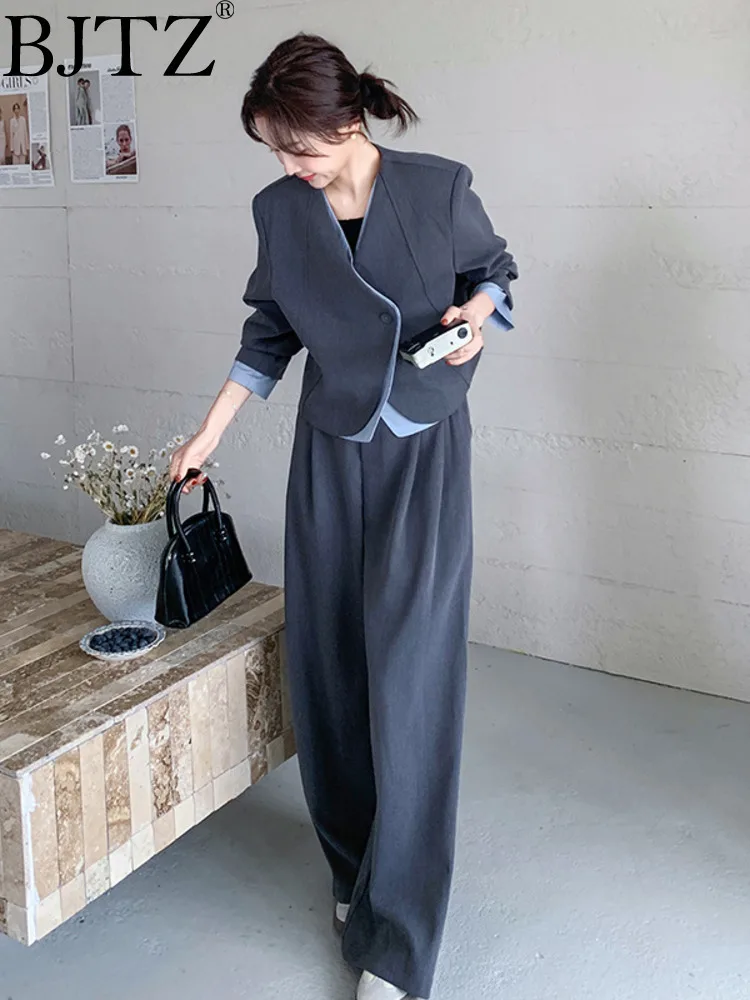 

BJTZ Fake Two Piece Spliced Contrast Color Blazer Wide Leg Pant 2 Piece Sets For Women 2025 Spring Autumn New Office Lady Sets