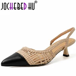 【JOCHEBED HU】New Women Genuine Leather Weave Sandals High Heels Slingbacks Summer Comfort Casual Shoes Office Pumps Party 34-42