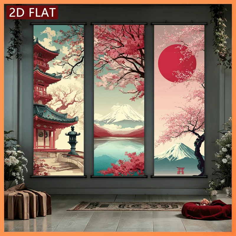 VIKAMA Japanese Ukiyo-e Cherry Blossom Mount Fuji 3 Piece Wall Scroll Tapestry Set Pagoda Wall Art Decor for Living Room