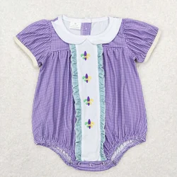 Baby Girl Mardi Gras Short Sleeves Romper Kids Toddler Embroidery One-piece Newborn Coverall Purple Plaid Bodysuit Jumpsuit