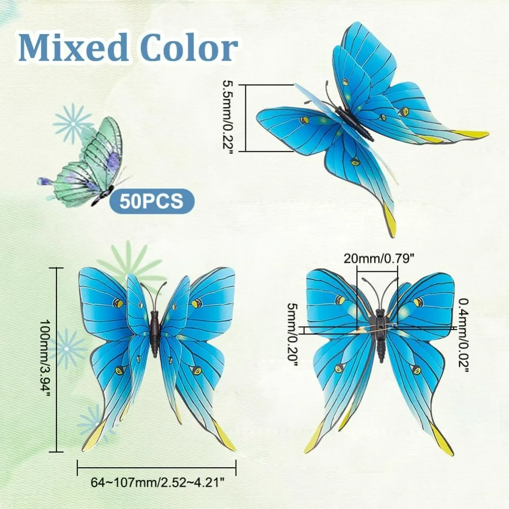 50 Pieces 3D Butterfly Pins Plastic Butterfly Display Ornaments with Safety Pin Summer Ornaments for Tree Butterfly Decorative