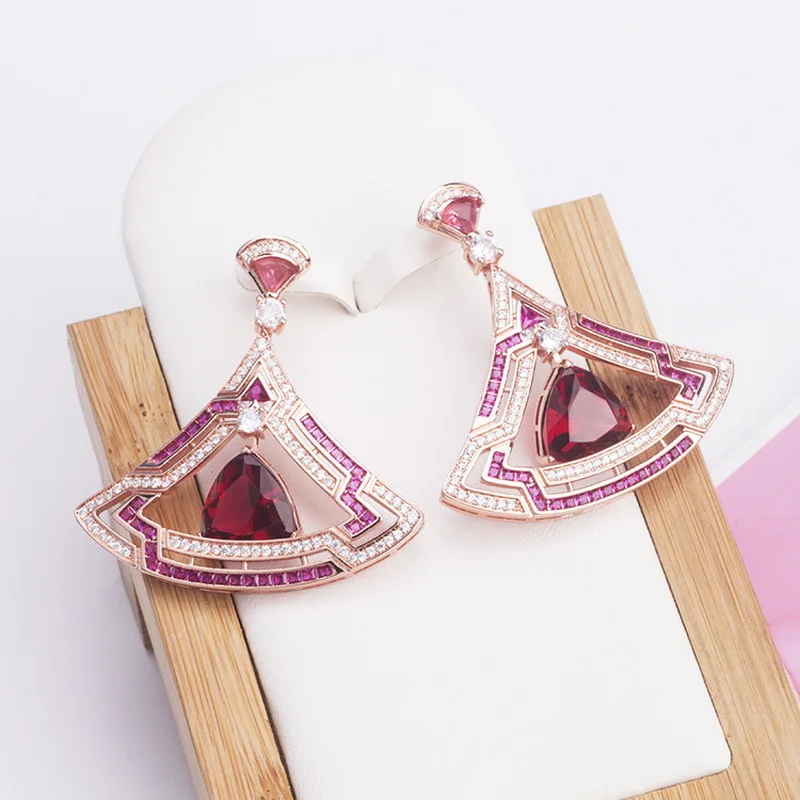 Europe America Fashion Style High-end Jewellery Women Lady Settings Pink Blue Zircon Large Fanned Pendant Necklace Earrings