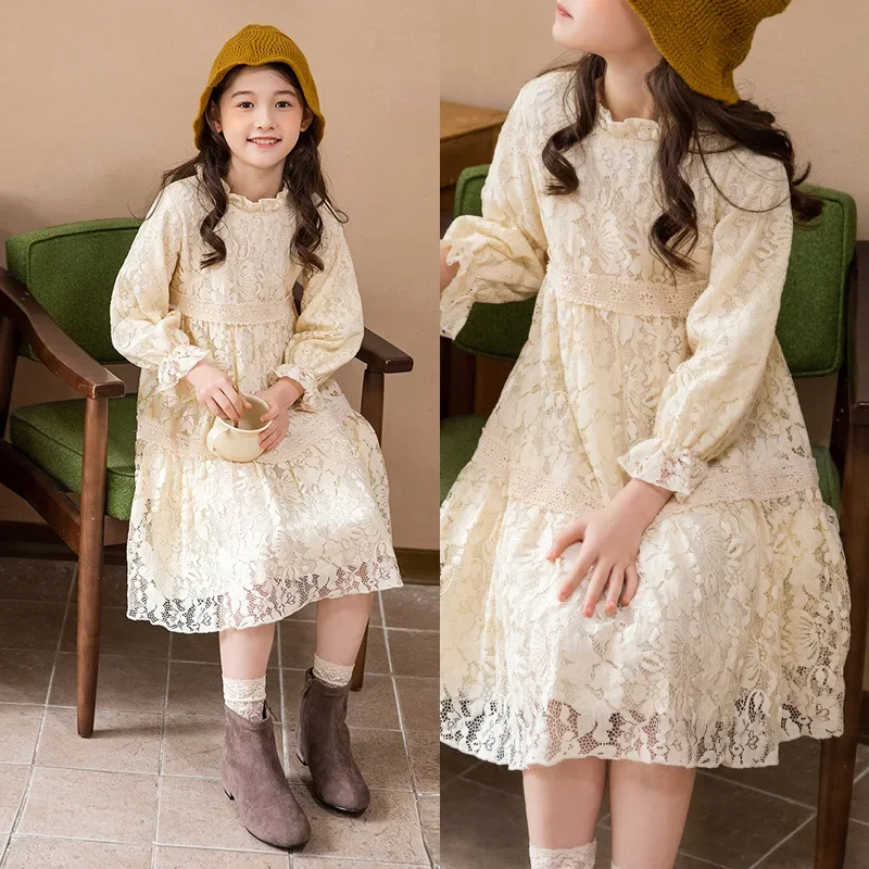 Teenage Girls Lace Dress Spring Autumn 2024 New Kids Princess Dress for Girls Clothing Long Sleeve High Quality Children Clothes