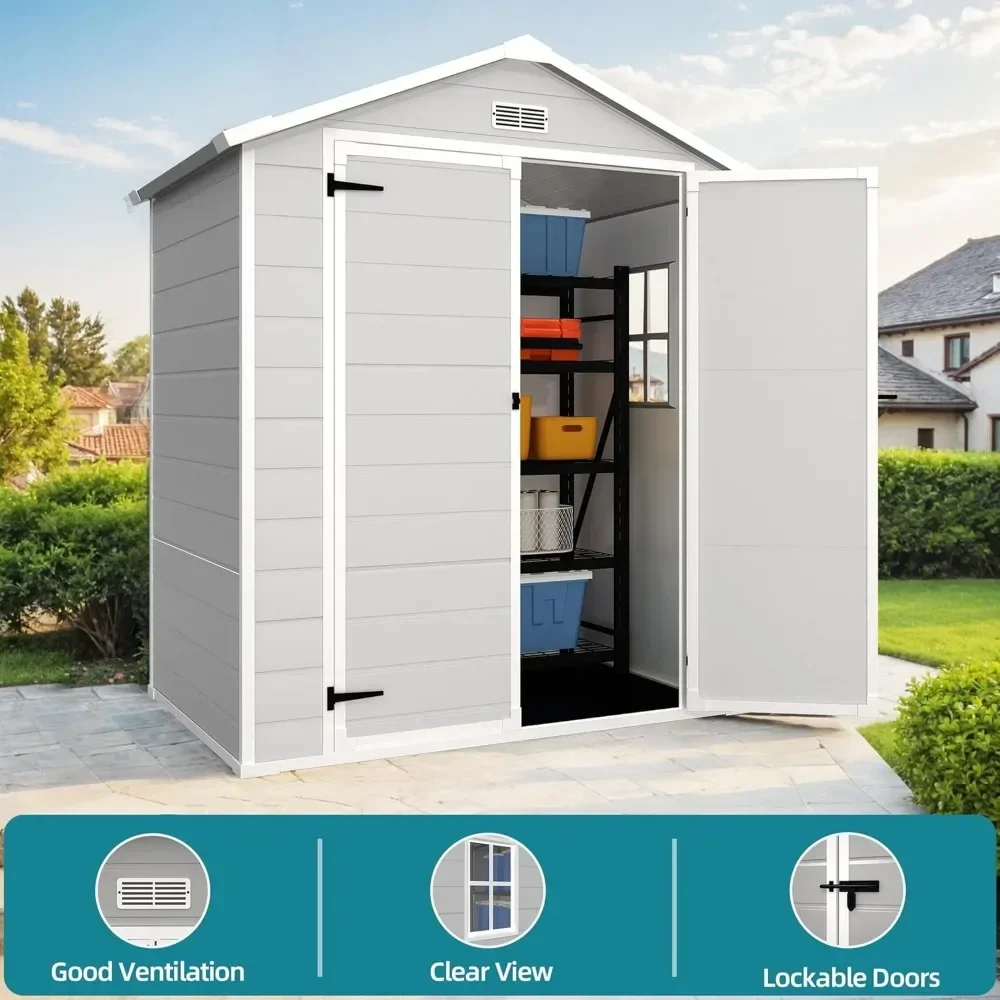 6x4 FT Resin Shed with Floor Included,Weather-Resistant Plastic Shed with Window,for Garden/Backyard/Patio Tool Storage, (Grey)