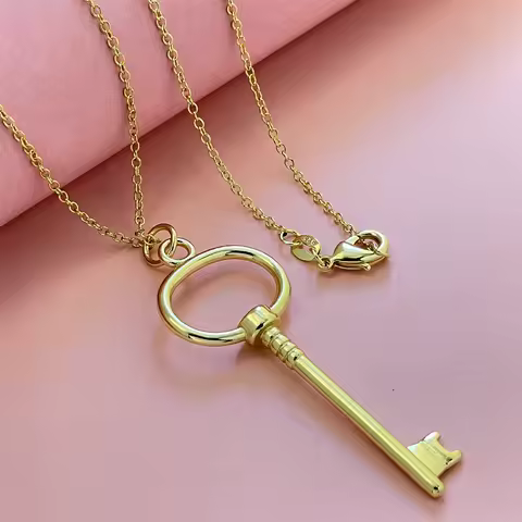 925 Silver Gold Plated Necklace Oval Ring Key Pendant, Suitable For Men And Women Daily Wear