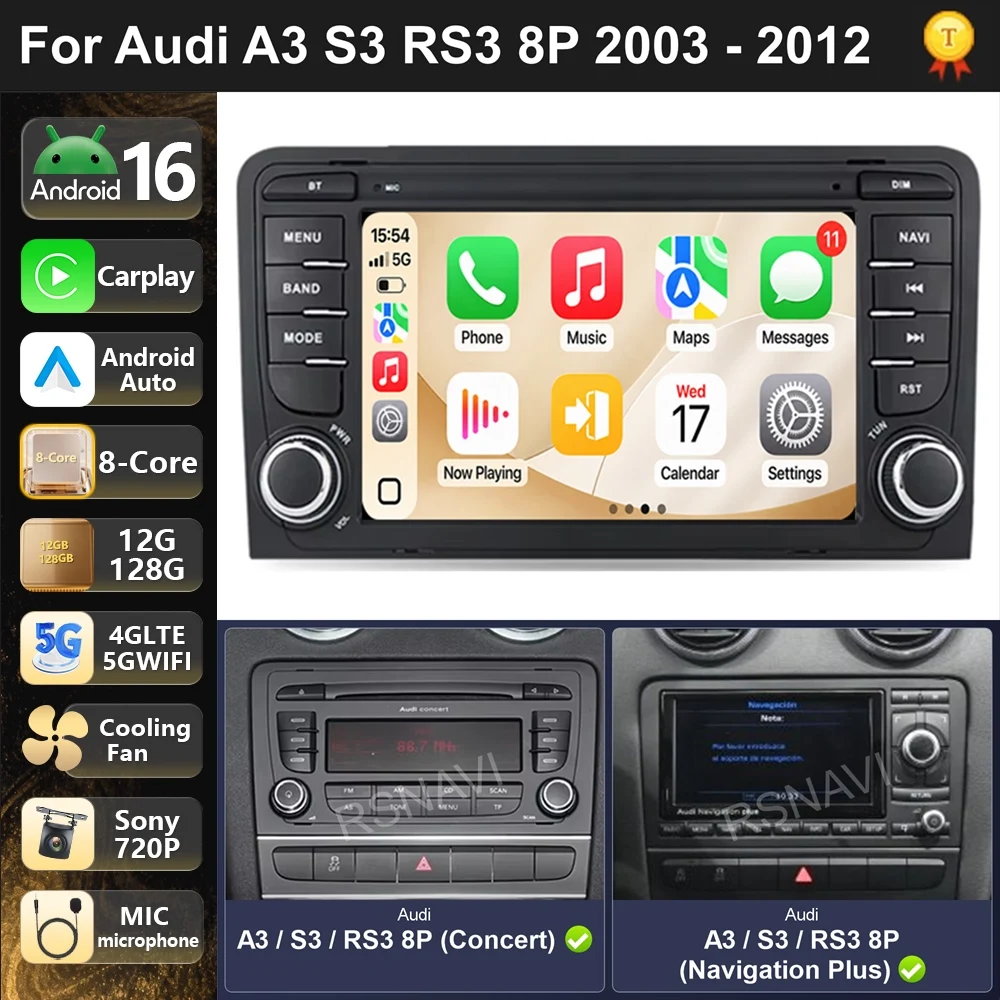 Car Radio Android 16 For Audi A3 S3 RS3 8P 2003-2012 carplay auto dsp bt 4g