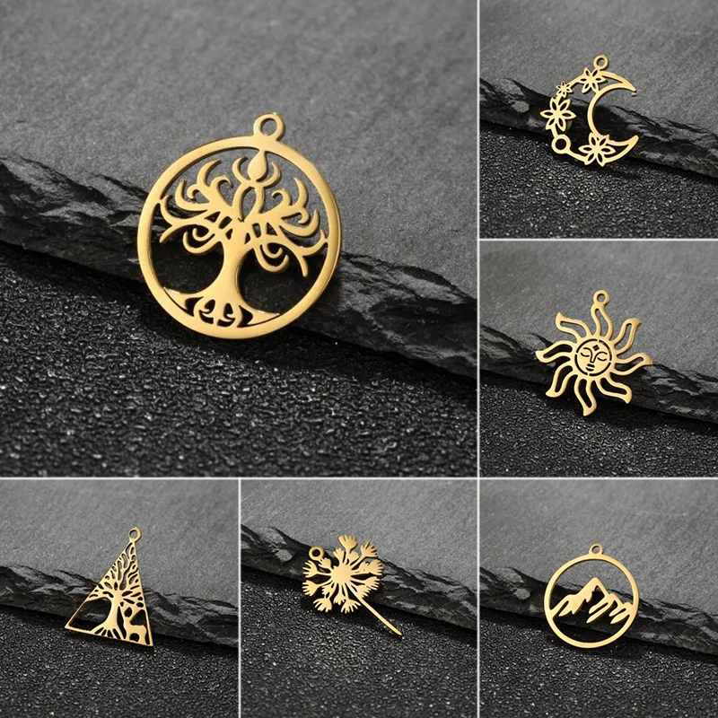 Shuangshuo 5pcs/lot Vintage Stainless Steel Tree of Life Pendant Triangle Tree Charms for Jewelry Making Finding Supplies