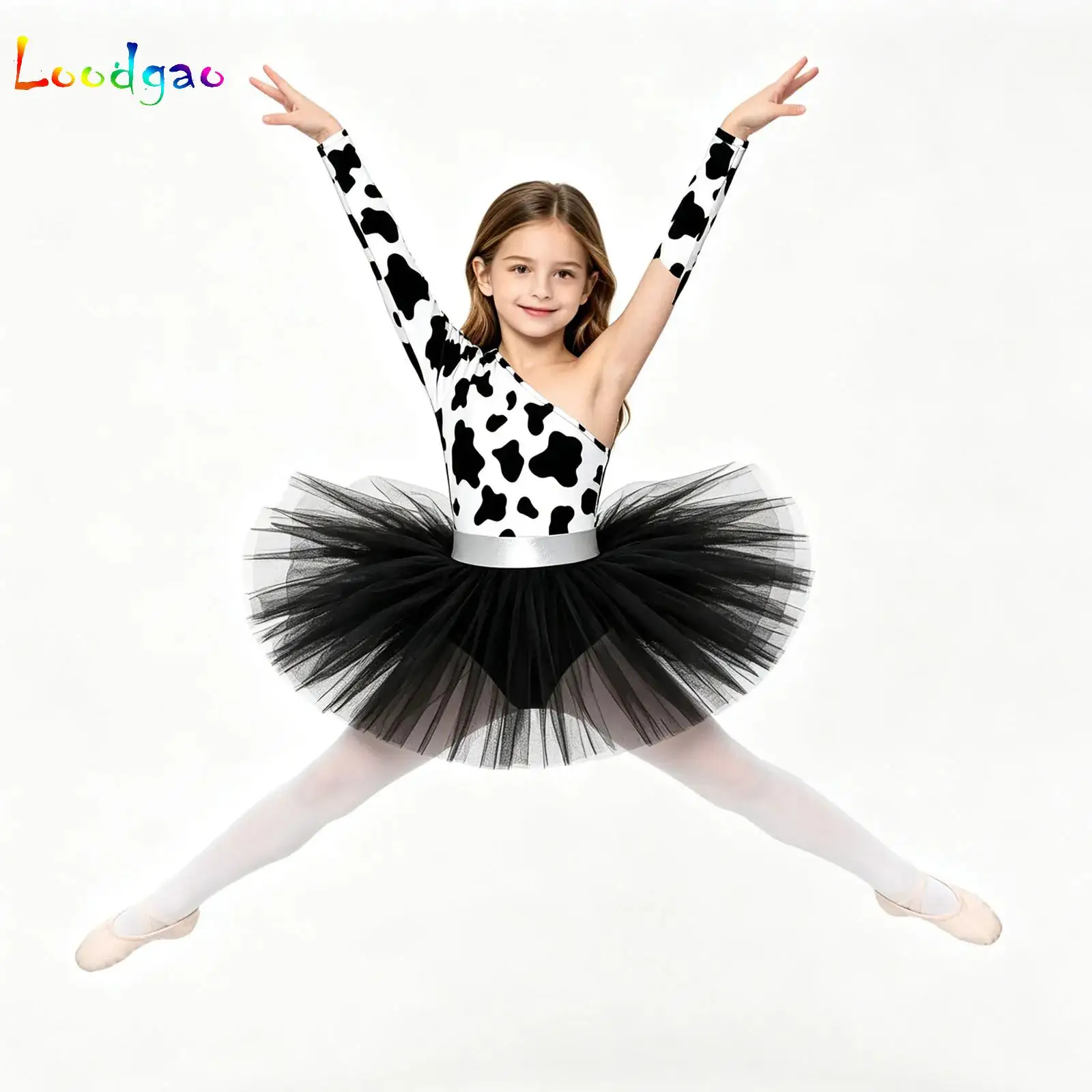 Kids Girls Ballet Figure Skating Dance Dress One Shoulder Long Sleeve Printed Tulle Dress Caveman Party Performance Costumes