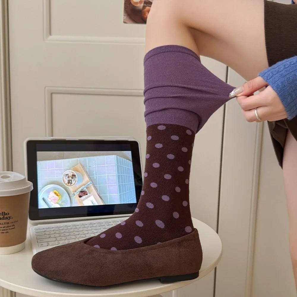 Polka Dot Pattern Mid Calf Socks Slim Fit Contrast Top Stacked Socks Fall Winter Weight Cotton Blend Dress Socks Winter Season