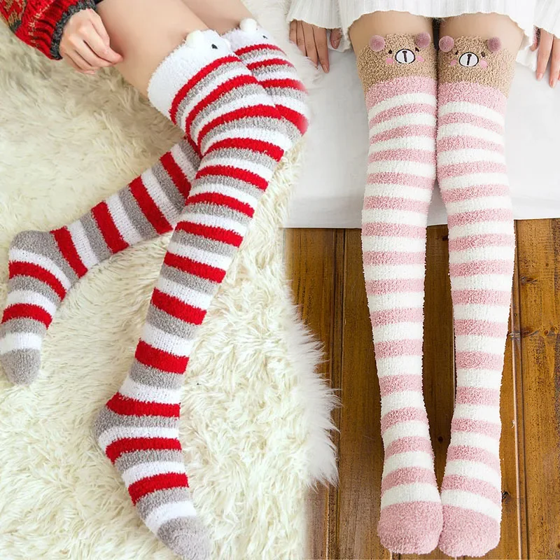 

1Pair Fashion Girl Cute Winter Striped Coral Velvet Long Socks Warm Knee Length Socks Cute Bear Sheep Home Towel Stockings