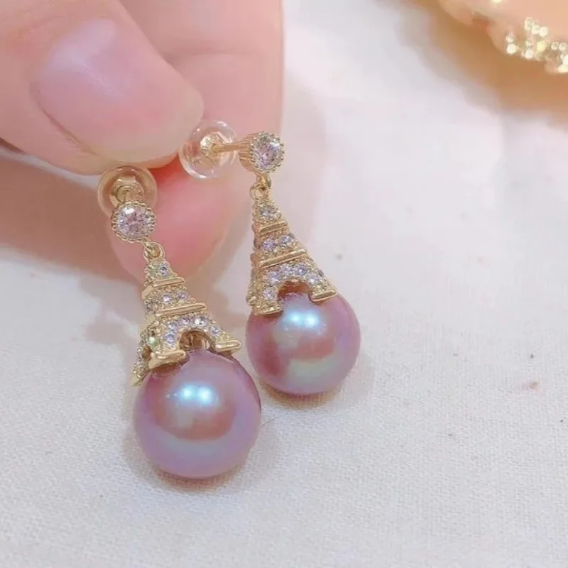 BKBK Gold Paved CZ Eiffel Tower Lavender Pearl Drop Stud Women Earrings Wedding Earrings for Valentine Christmas New Year Luxury Romantic Bridal Jewelry for Brides Bridesmaids Adult Ladies Date Gala Occasion