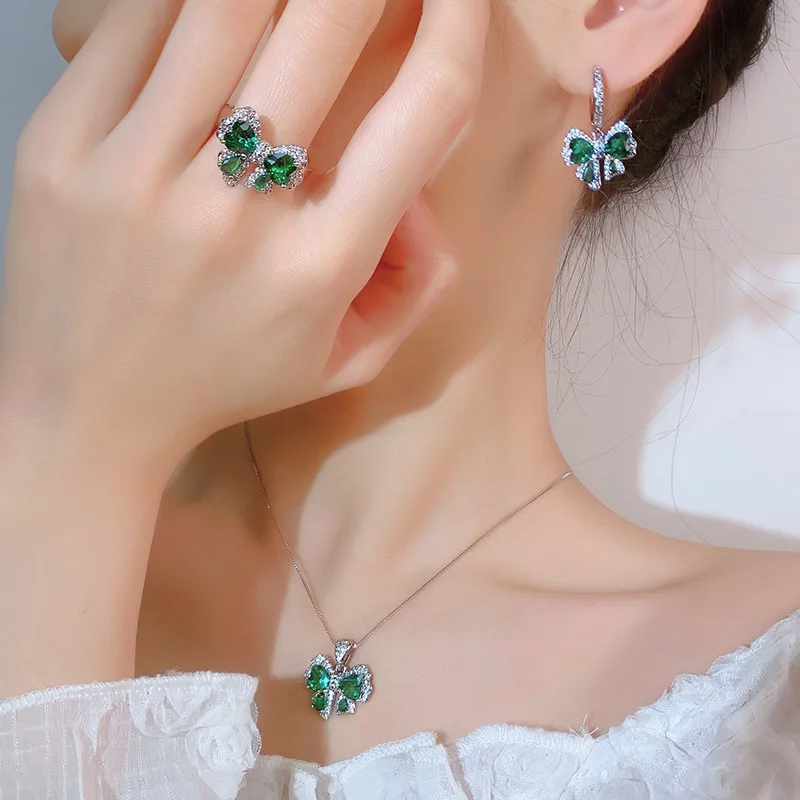 

New Emerald Butterfly Set for Women S925 Silver Needle Earrings Necklace Ring Light Luxury Wholesale