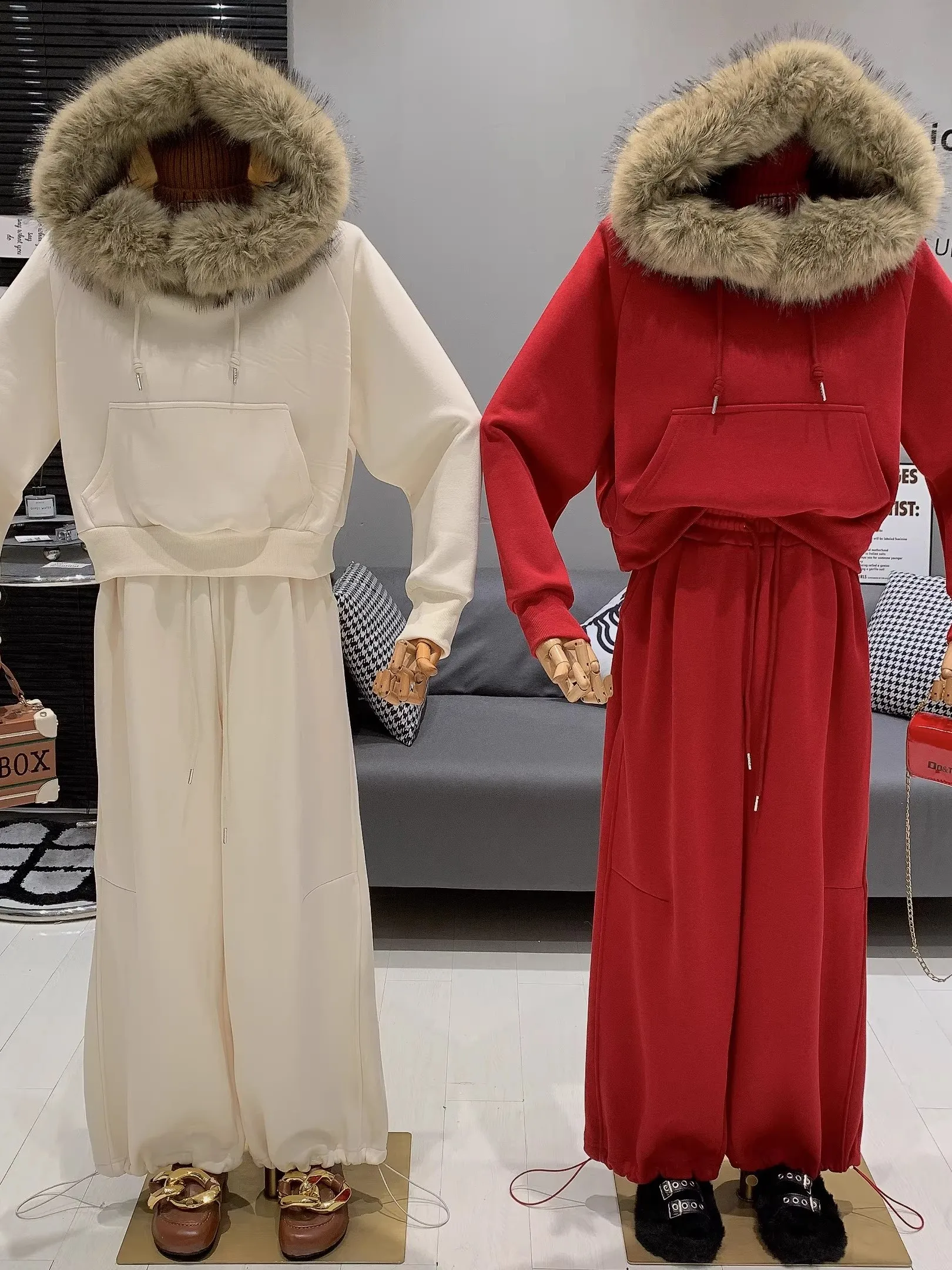 

Thiened Fce Hoodie Set Women's New Sle Fur Collar Hoodie Elastic Waist Wide Leg Pants Slimming Casual Two Piece Set