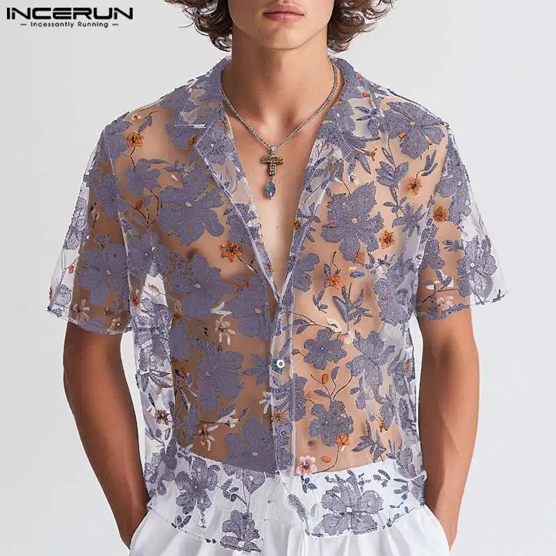 

INCERUN Men's Shirt Flower Printing Lapel Short Sleeve Summer Transparent Men Clothing Streetwear 2024 Fashion Casual Camisas