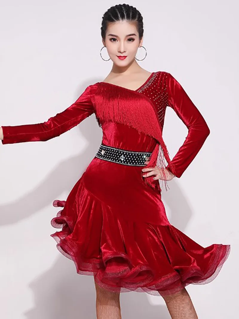 大人女性用ベルベットタッセルダイヤモンドプロフェッショナルナショナルスタンダードダンスドレスソーシャルルンバチャチャダンスウェアパフォーマンスコスチューム