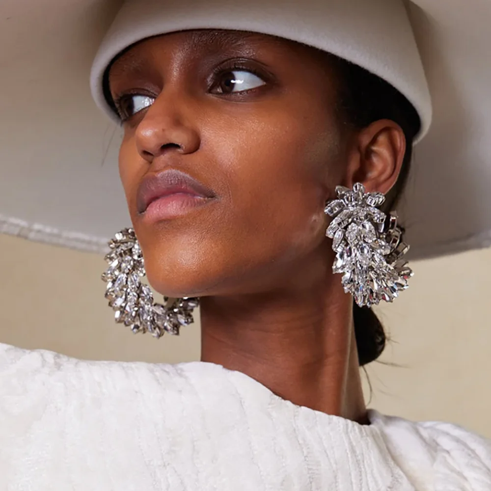 Crystal Hoop Earrings Rhinestone Leaf Cluster Oversized Statement Jewelry for Women Bridal Wedding Prom Party Evening Gala Gift