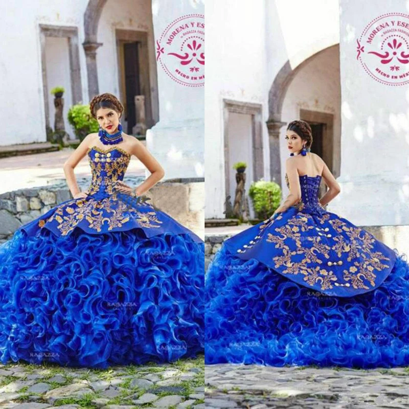 Royal Blau Mexikanischen Quinceanera Kleider Gold Appliques Prom Kleider Perlen Organza Rüschen Rock Korsett Zurück Pageant Kleid