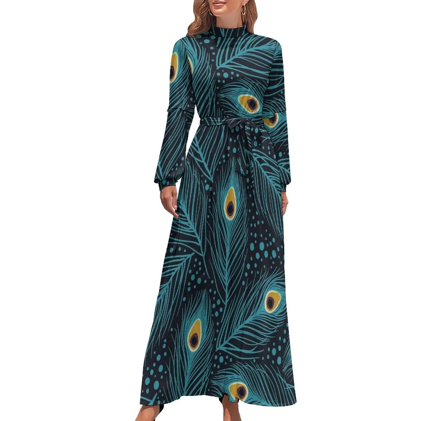 

Peacock Feathers Dress Animal Feather Sexy Pattern Maxi Dress High Waist Long-Sleeve Stylish Bohemia Long Dresses