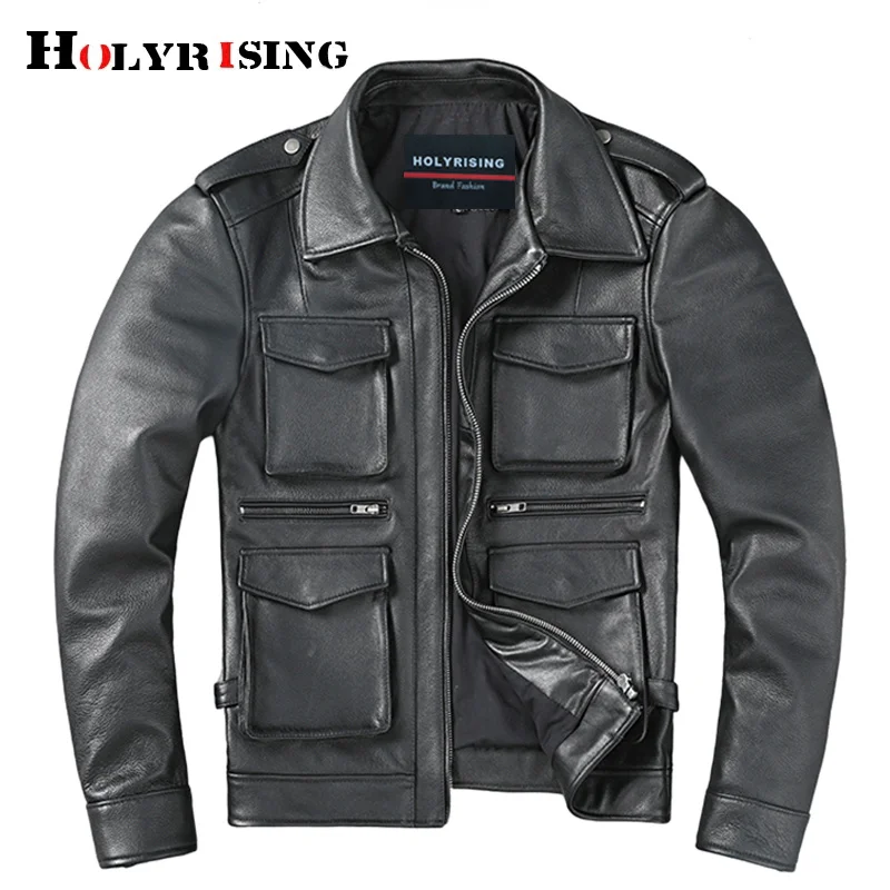 

spring men cowhide leather jackets multi pockets zipper genuine coats size 5xl black short retro veste biker homme 19573