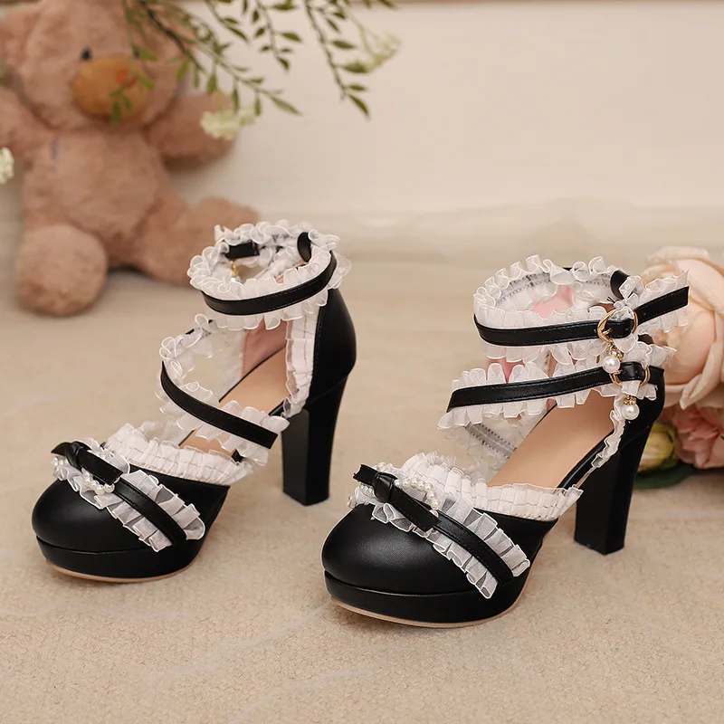 Japanese Cute Ruffle Bow Chunky Heel Platform Lolita Mary Jane Patent Leather Shoes Women High Heels