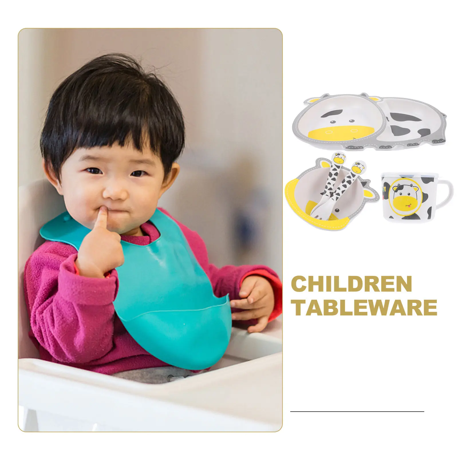 

5Pcs Kids Dining Set Bamboo Fiber Separated Children Food Plate Bowl Cup Spoon Fork for Toddlers Fruit Cake Dessert Healthy