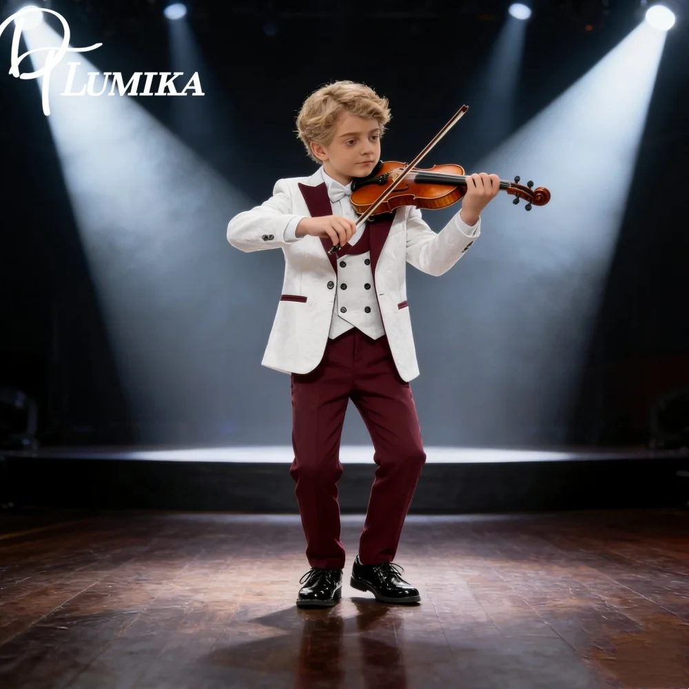 Conjunto de traje de 4 piezas para niño, chaqueta de esmoquin con contraste blanco y granate, chaleco, pantalones para ocasiones formales de graduación de boda