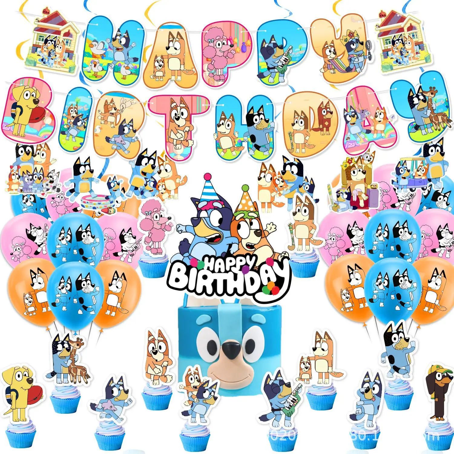 Vajilla desechable de la serie Bluey para fiesta de cumpleaños, banderín colgante para pastel, conjunto de globos azules, Decoración de cumpleaños