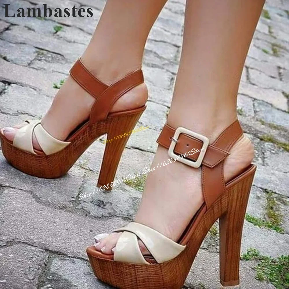 

Western Mixed Wood Platform Sandals Chunky High Heel Women Shoes Ankle Buckle Strap Open Toe 2024 Fashion Zapatos Para Mujere