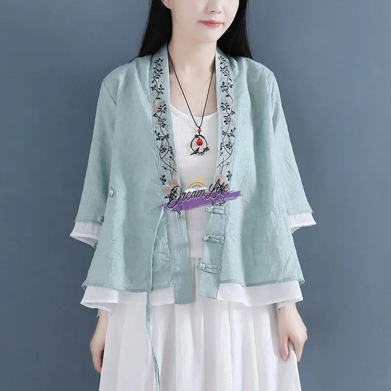 

Pure Cotton Midi Sve irt Women's Fake Two-Piece Cotton Linen Asymmetrical Button-Up Vintage Tea Costume Open Cardigan