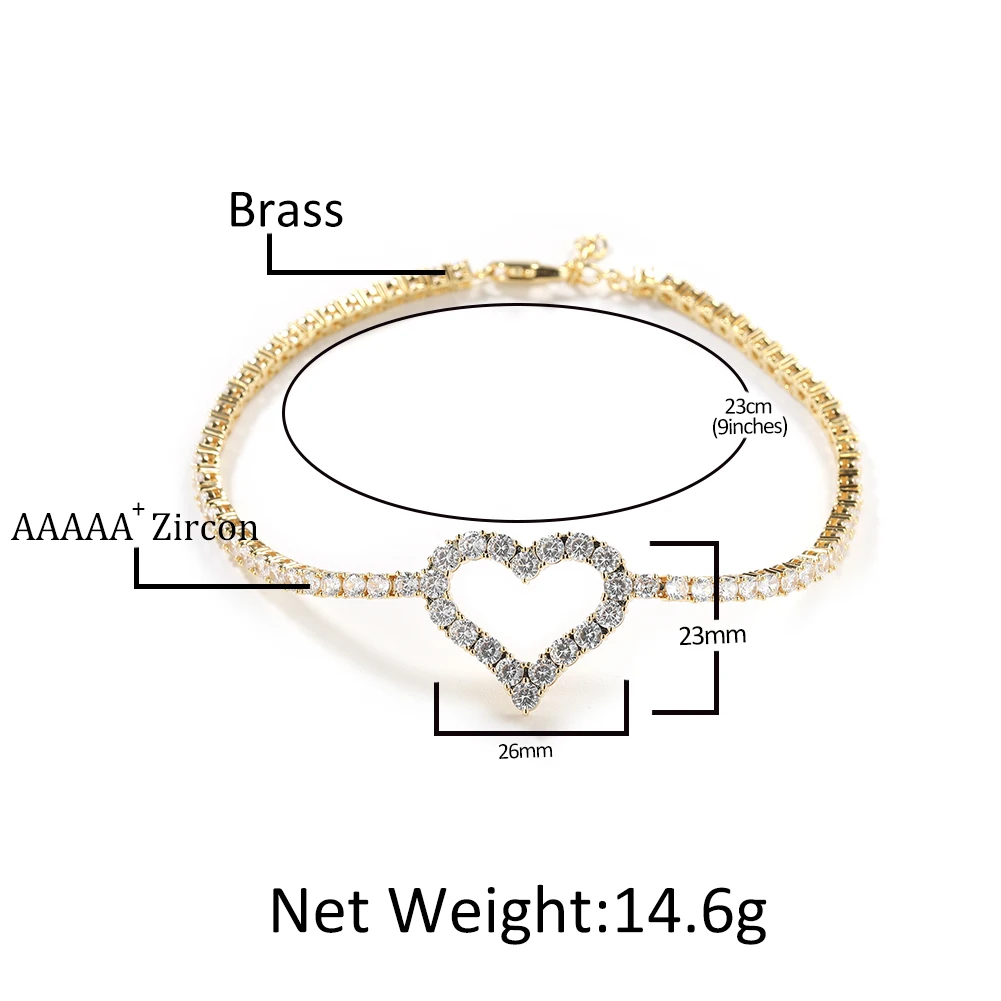 UWIN Hollow Heart Tennis Chain Anklet for Women Iced Out 9 Inches with Extender Cubic Zirconia Braclets Hip Hop Jewelry for Gift