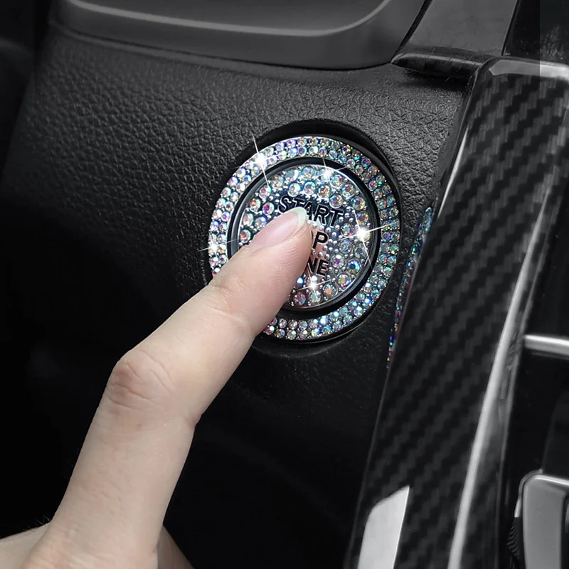 2Pcs/set Car Start Switch Button Auto Decorative Diamond Stickers Rhinestone Ring Circle Trims Protective Cover Car Accessories