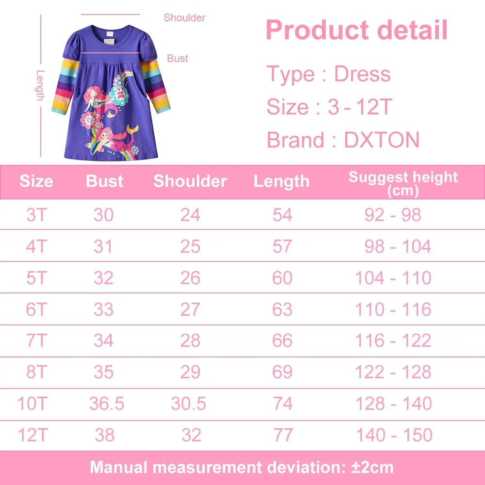 DXTON Girls Dress Mermaid Print Rainbow Striped Long Sleeve Kids Dresses Floral Butterfly Cotton Toddler Casual Dress Clothing