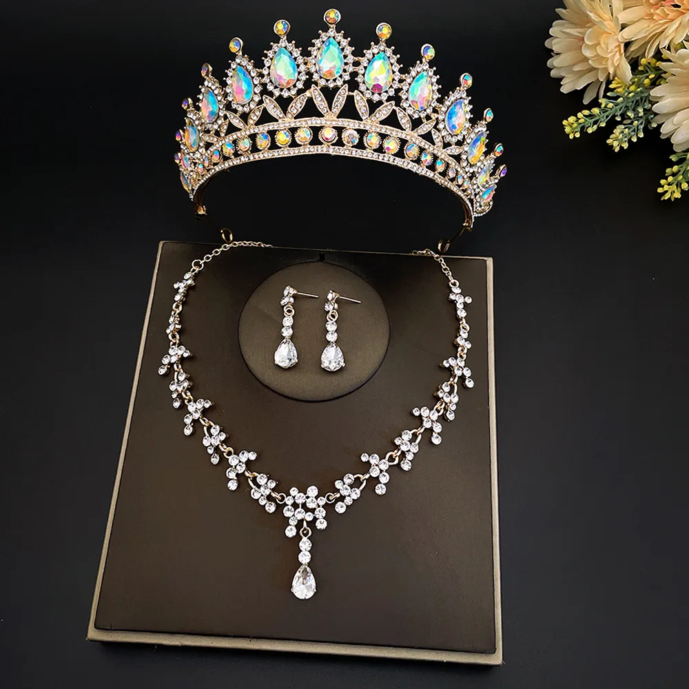 3 pçs/set barroco cristal jóias de noiva strass tiaras coroa colar brinco para noiva feminino conjunto de jóias de casamento presente