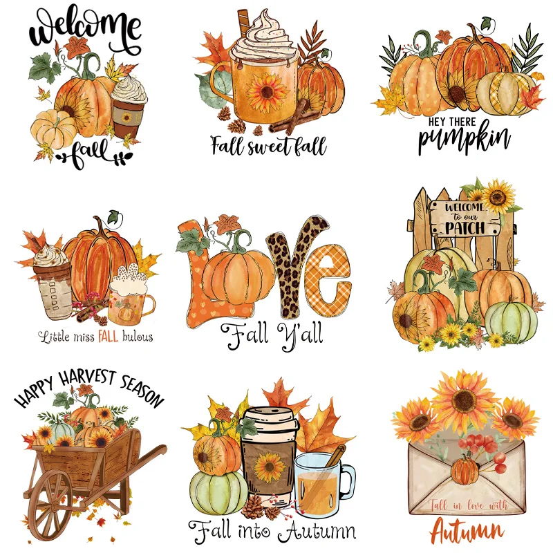 

9piece The autumn harvest season full harvest Iron Stickers DIY Transfers Stickers Ready Press For T-shirt clothes