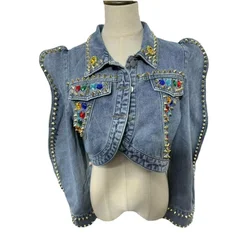 Vintage Blue Irregular Hem Slim Short Denim Jacket Women Spring Autumn Streetwear Lapel Long Sleeve Diamonds Rivet Jeans Coat