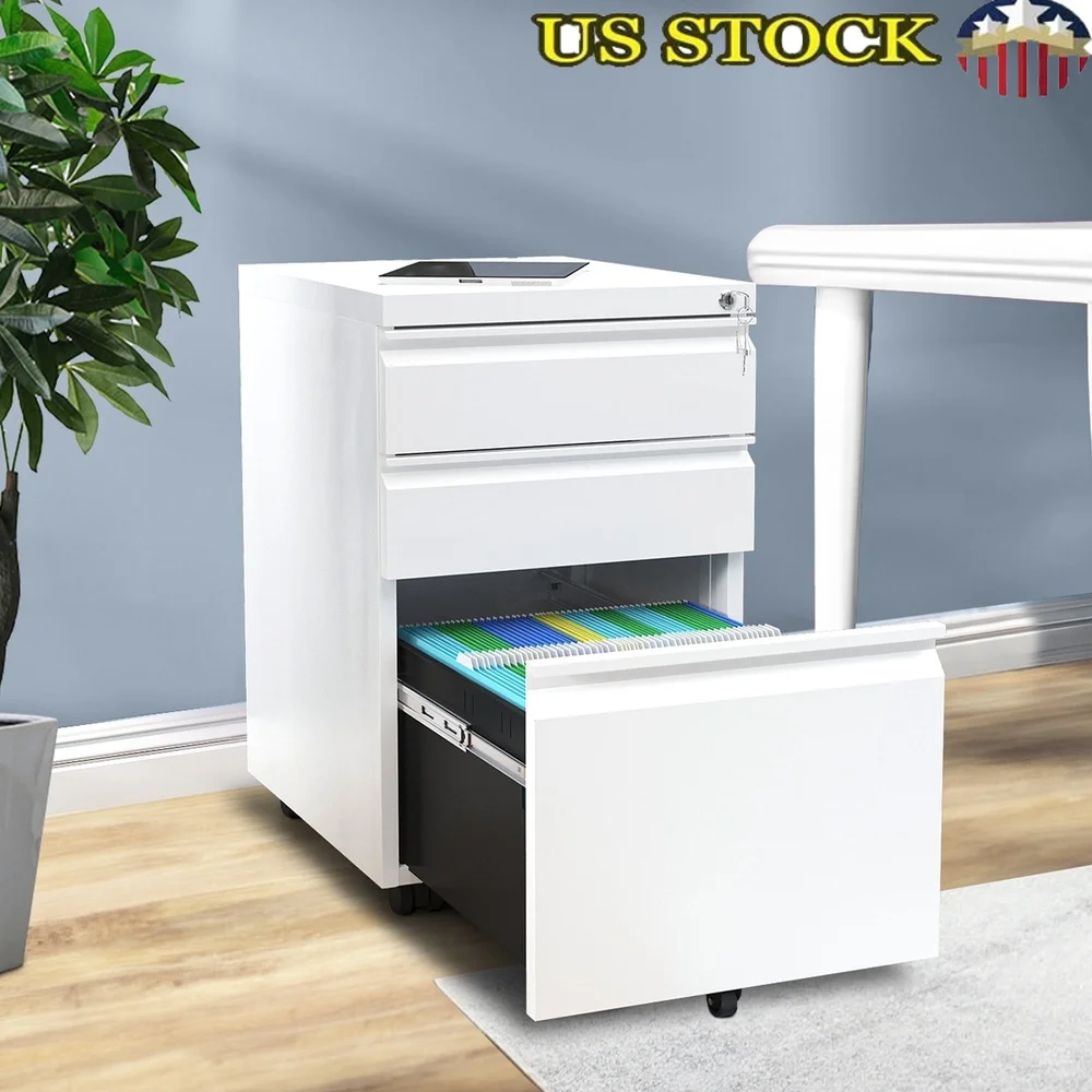 Lockable 3-Drawer Rolling File Cabinet on Wheels Portable Steel Storage A4 Letter Legal Documents Office Use