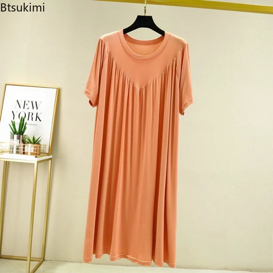 Modal Nightgown Women Cotton Clothes for Summer Loose Large Size Casual Short-sleeved Night Dress Pleated Thin Home Long Dress - view 2
