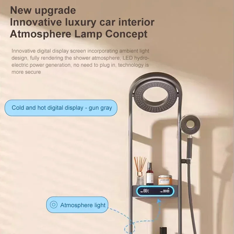 Imagem -05 - Torneira Termostática do Chuveiro com Mesa de Armazenamento Conjunto de Sistema de Chuveiro Cinza Display Digital de Latão Chuveiro Pressurizado Banheiro de Casa