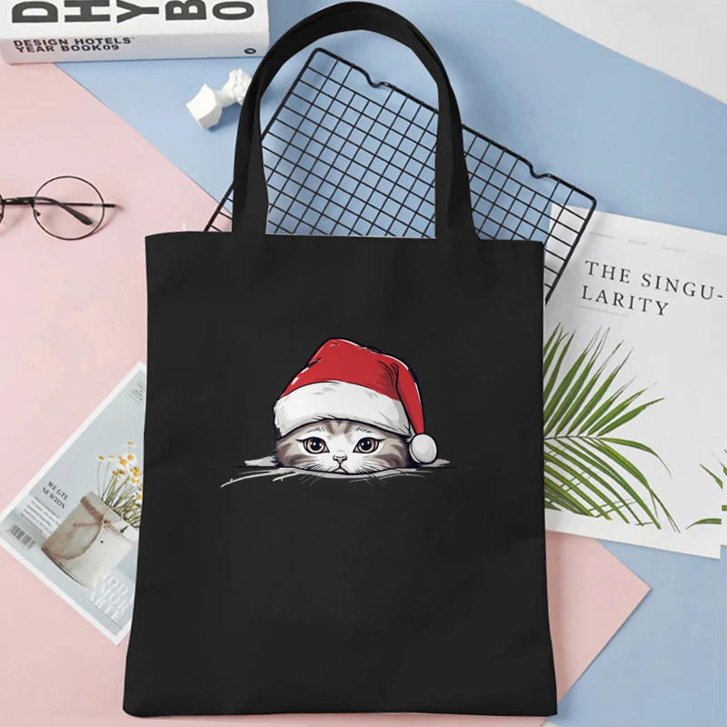 Funny Christmas Cat Print Canvas Tote Bag Large Capacity Teen Shoulder Shopping Bag Fashion Women\'s Christmas Gift Handbags