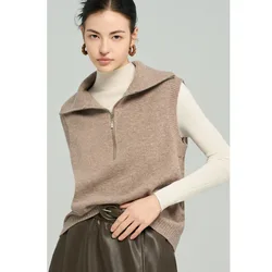 Haif Zipper Sleeveless 100% Pure Wool Sweater Vest Autumn Winter Women Turn Down Collar Loose Knitwear Tops For Minimalist