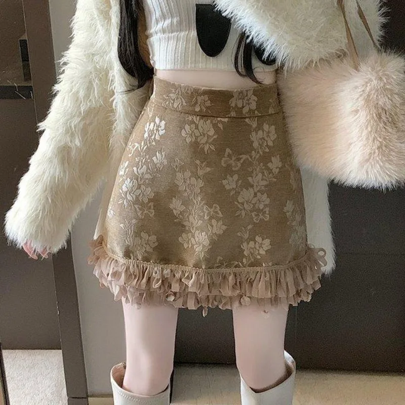 刺繍ジャカードミニスカート 2025 春夏ハイウエスト A ラインフリルミニスカートヴィンテージすべて一致ストリート