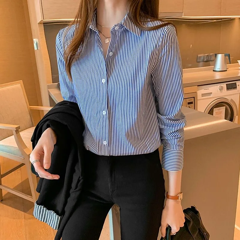 Women Spring Summer Blouses Shirts Lady Fashion Casual Long Sleeve Turn-down Blue Stripes Blusas Tops WY0304