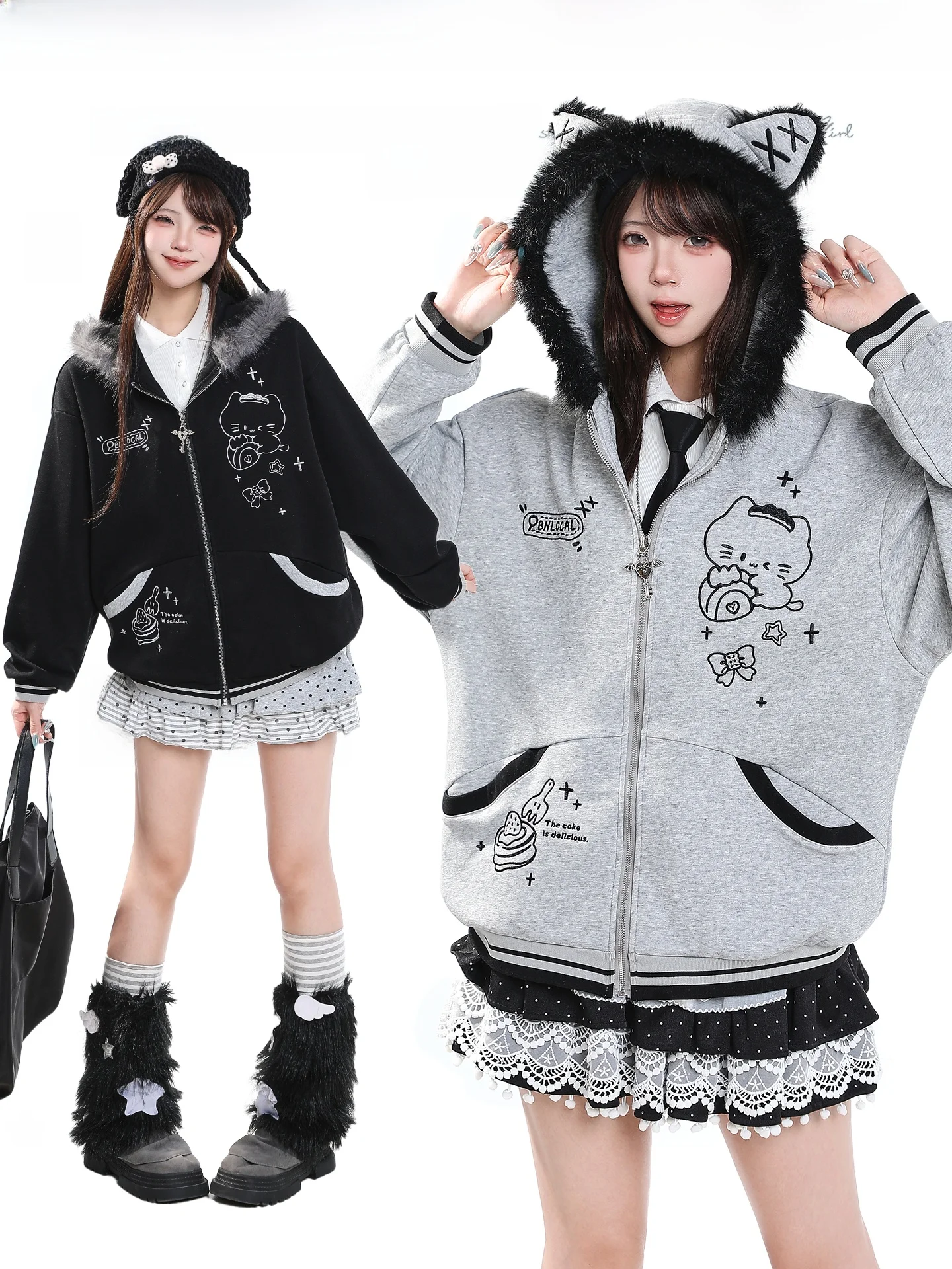 Sweet Cool Cartoon Printed  Ear Hooded Open Cardigan Sweatshirt Women's Loose Casual Fur Collar Zipper Jacket Autumn