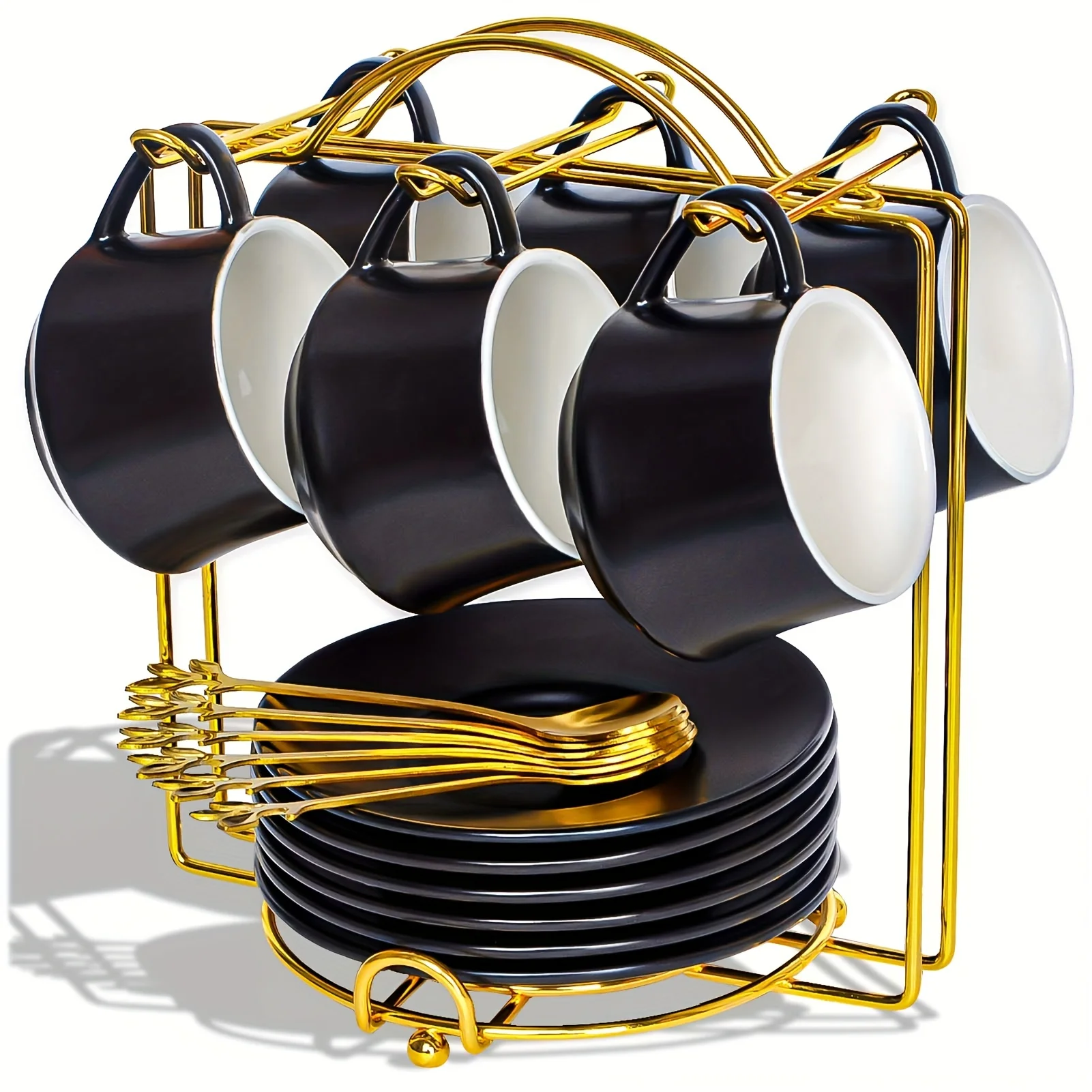 

Espresso Cups with Saucers, Spoons, and Metal Stands, 4-ounce Small Ceramic Cappuccino Coffee Cup Set of 6,