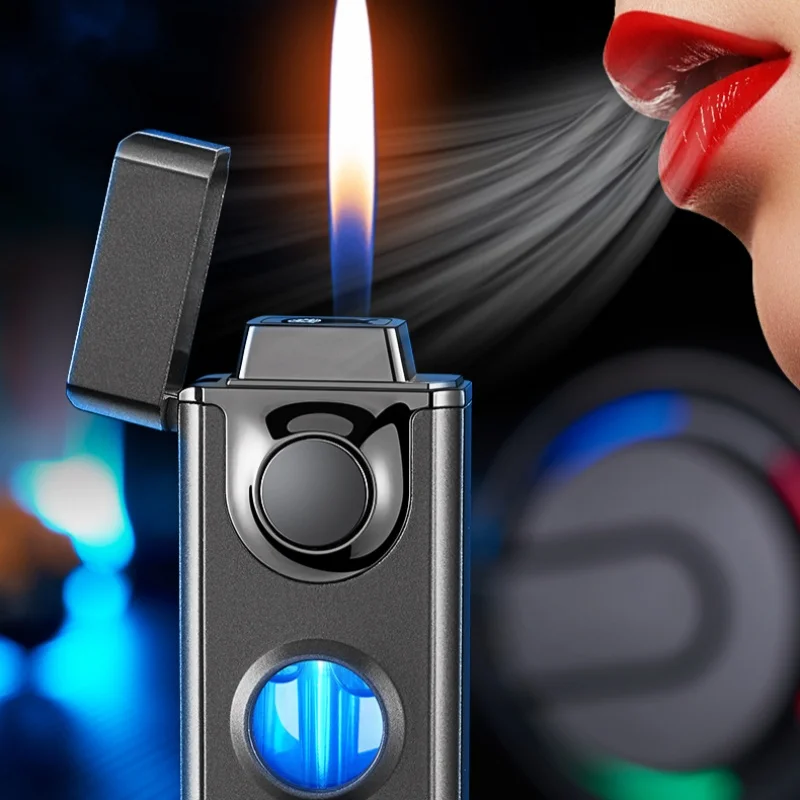 Intelligent Voice Controlled Dual Fire Butane Gas Lighter 4 Ignition Modes Blue Light Visible Gas Window USB Electric Lighters