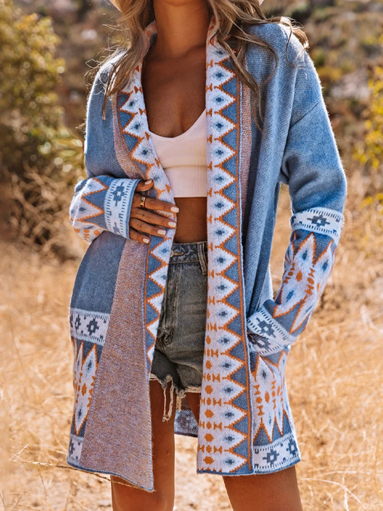 

GypsyLady Geometry Vintage Knitted Sweater Cardigan Blue Open Front Autumn Spring Women Ethnic Boho Ladies Long Jumper Sweaters