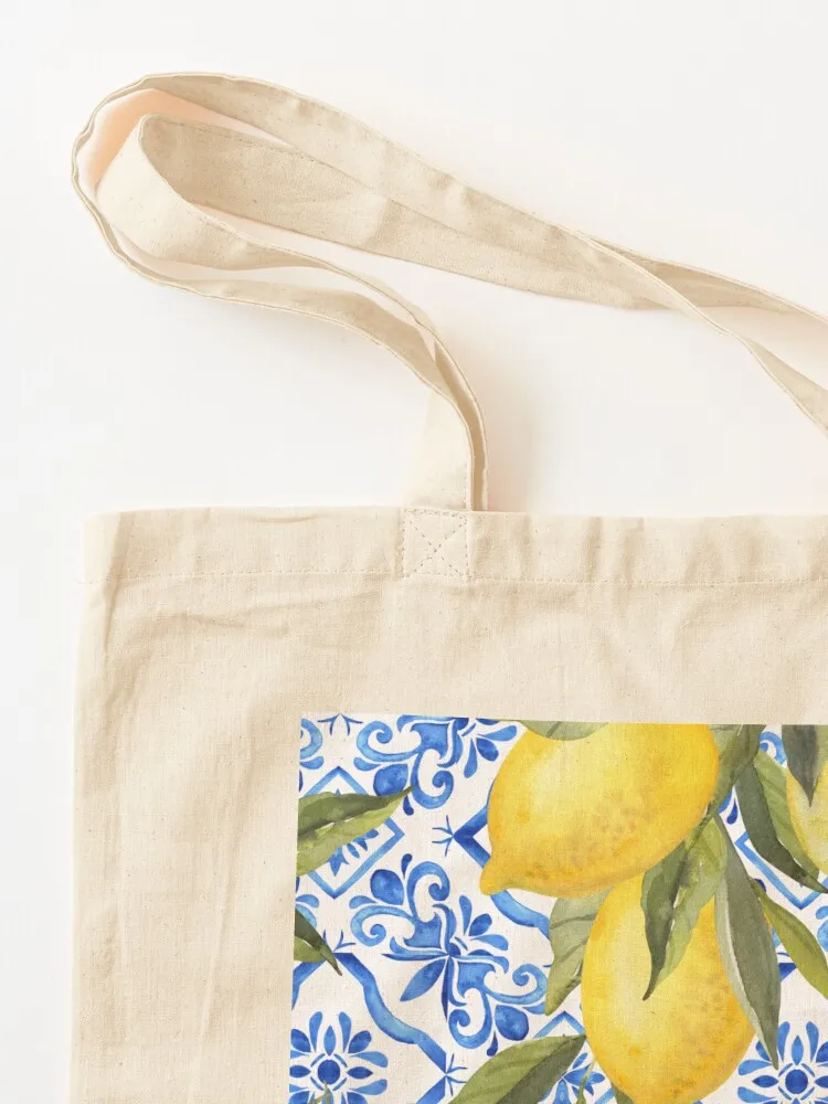 حقيبة حمل الليمون على البلاط الأزرق، حقيبة أكياس قابلة لإعادة الاستخدام للشاطئ، حقيبة قماش قابلة للطي وقابلة لإعادة الاستخدام