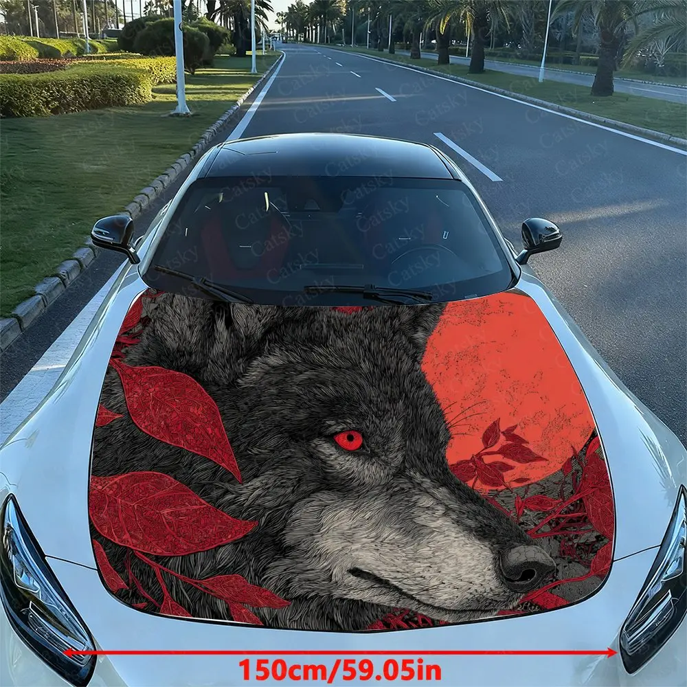 Red Night Moon Wolf Car Hood Film, Hood Decoration Sticker, Truck Hood Film, Domineering Appearance, Advanced Adhesive, Durable